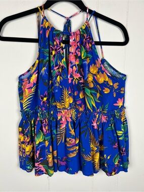 Tropical Strappy Top Bright Floral on Vibrant Blue Resort Vacation Size Small